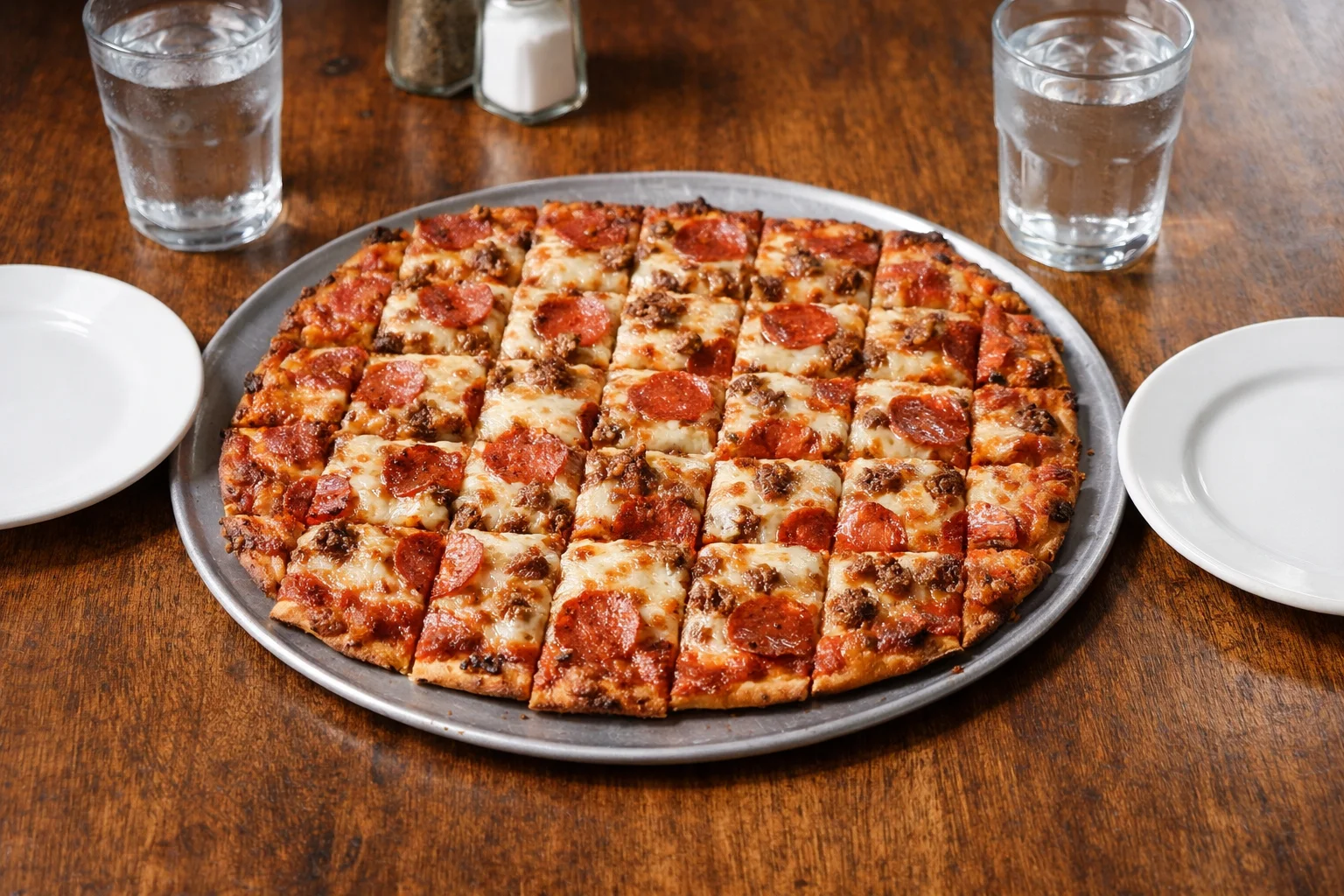 Square-cut bar pizza on a casual neighborhood table.
