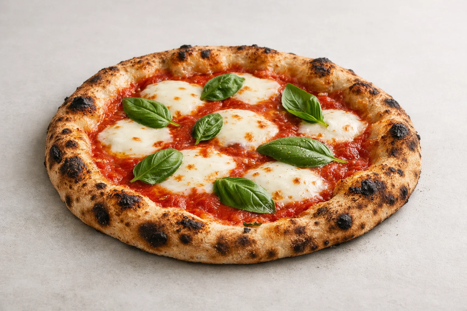 Coal-fired mozzarella and basil pizza with charred edges.