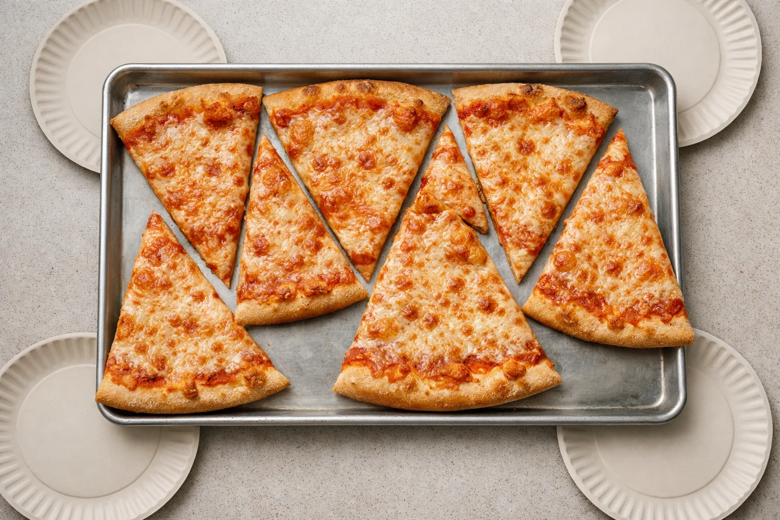 Plain cheese slices at a pizzeria counter, ready for service.