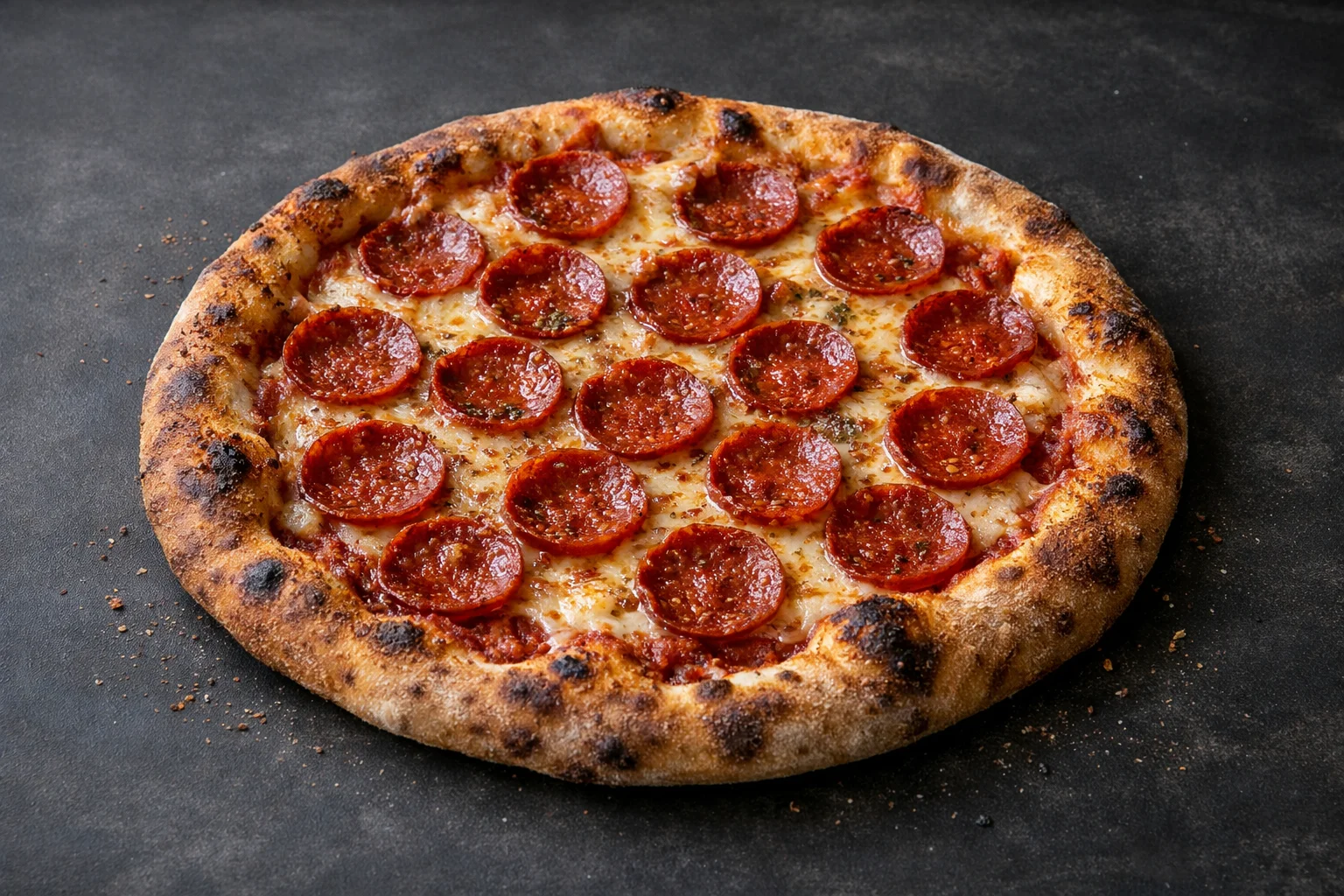 An artisan pepperoni pizza on a dark wooden table, ready for sharing.