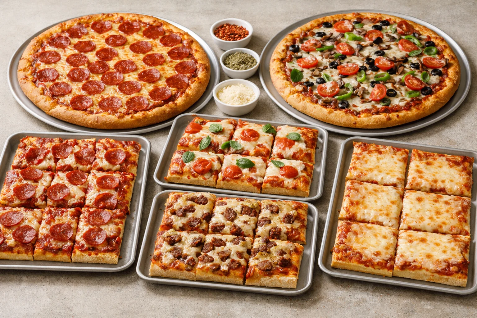 Assorted pizzas arranged as an unbranded catering spread on neutral serving trays.