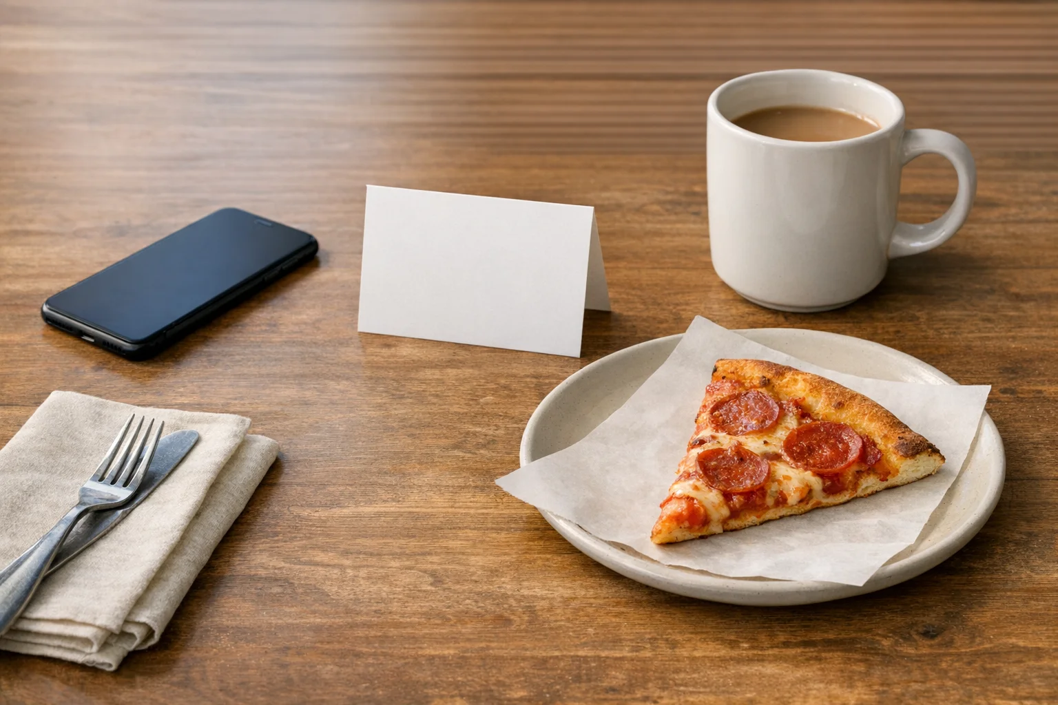 A neutral table-top composition with a face-down phone, a folded napkin, a generic small printed menu propped against a coffee cup, and a slice of pizza.