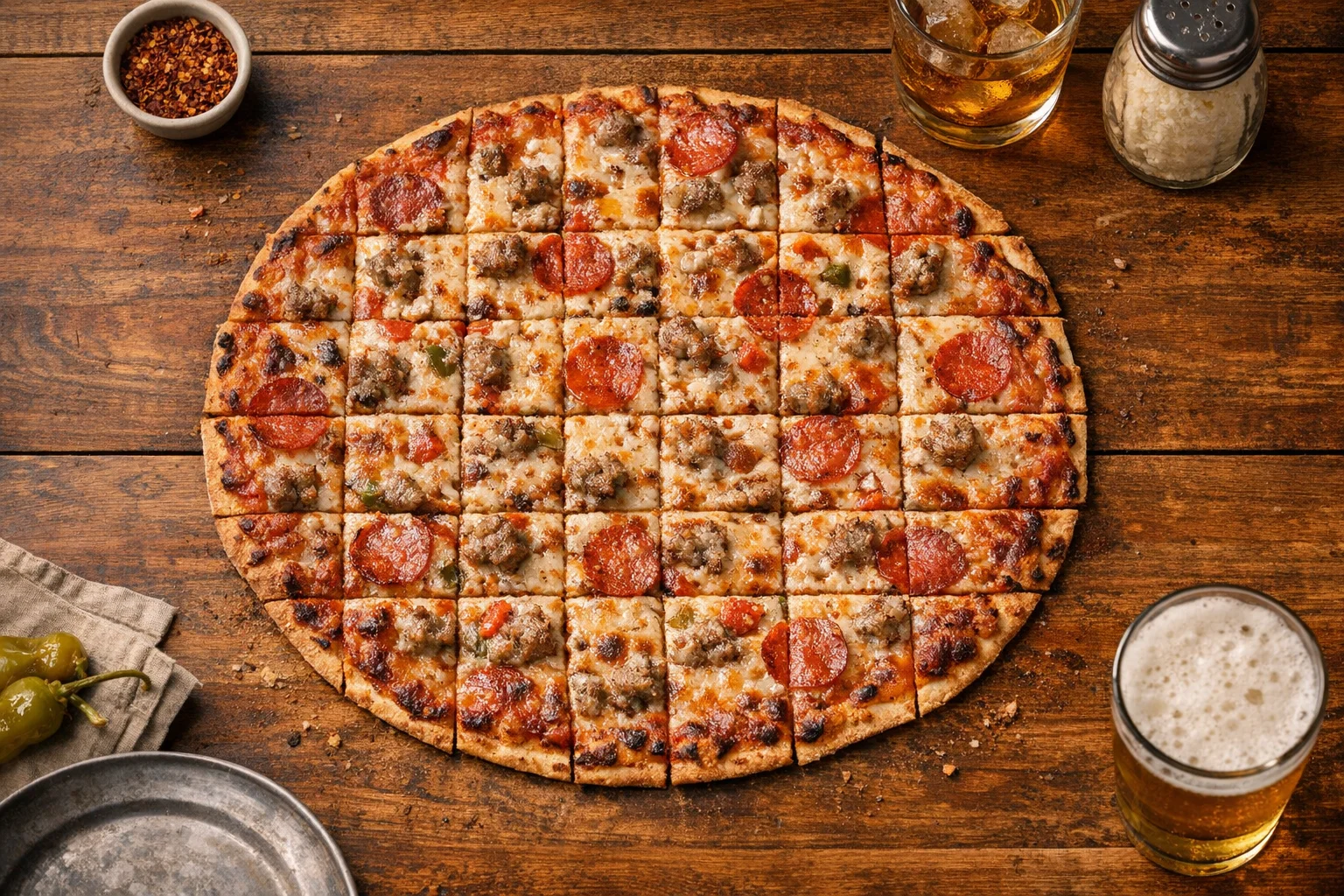 A thin, cracker-style tavern-style pizza cut into small squares on a casual bar table.