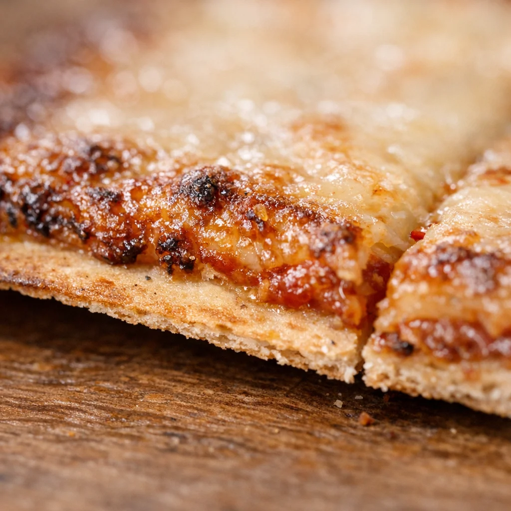 Close-up of a thin, cracker-style tavern crust edge after the bake.